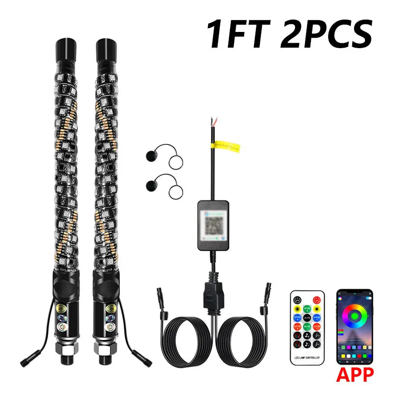 2PCS 1FT LED Whip Lights APP Remote Control Flagpole Antenna Whips LED Flagpole Lamp for UTV ATV Off-Road Truck RZR Car