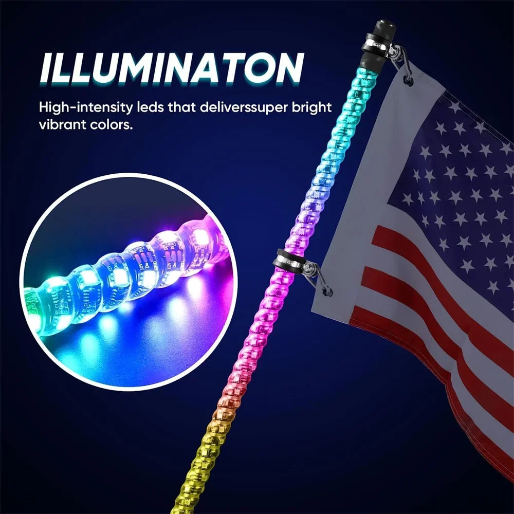 Car Motorcycle 2FT Led Whip Light Led  RGB Waterproof Bendable Remote APP Music Control LED Flagpole Lamp for SUV ATV UTV RZR