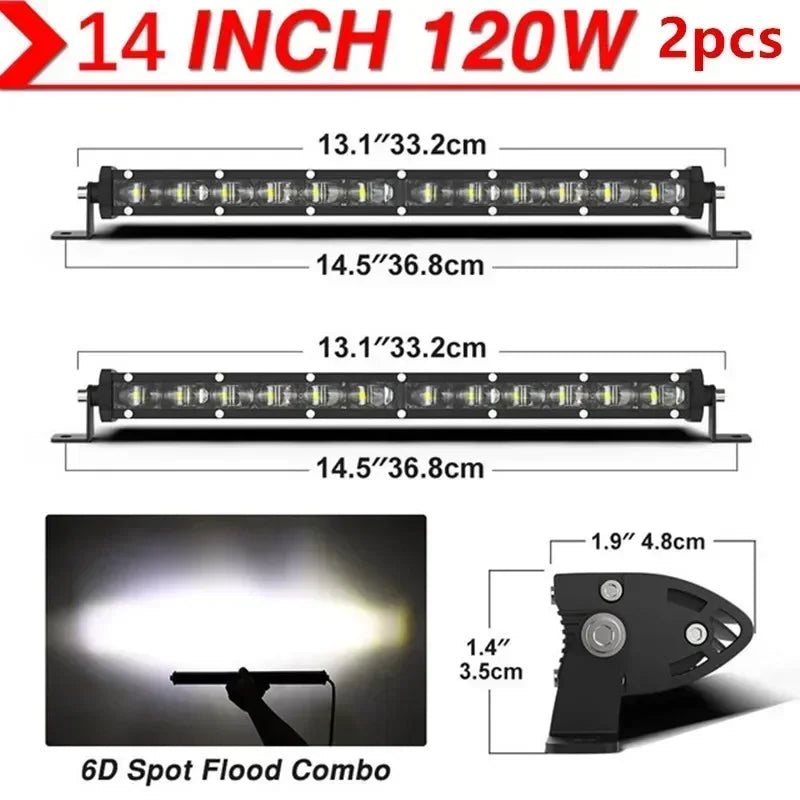 6D Ultra Strip LED Light Bar 8" 14" 20" inch Driving Fog Lamp Work Light 4x4 Led Bar for Motorcycle Car Offroad SUV ATV Tractor