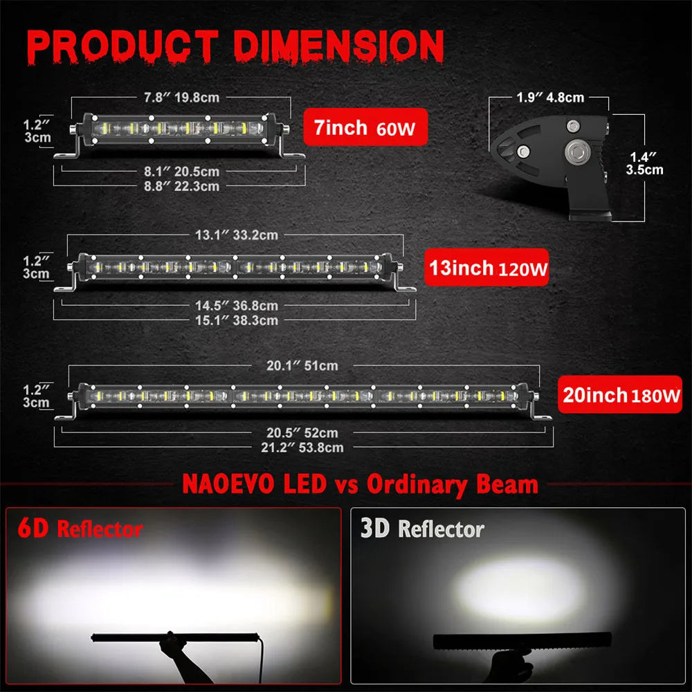 6D Ultra Strip LED Light Bar 8" 14" 20" inch Driving Fog Lamp Work Light 4x4 Led Bar for Motorcycle Car Offroad SUV ATV Tractor