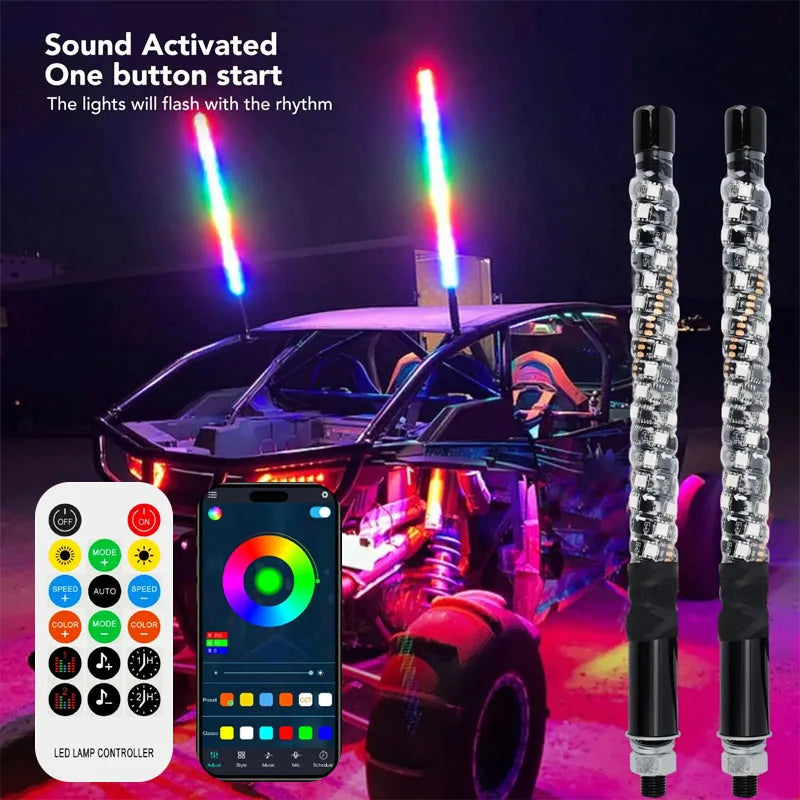 2PCS 1FT LED Whip Lights APP Remote Control Flagpole Antenna Whips LED Flagpole Lamp for UTV ATV Off-Road Truck RZR Car