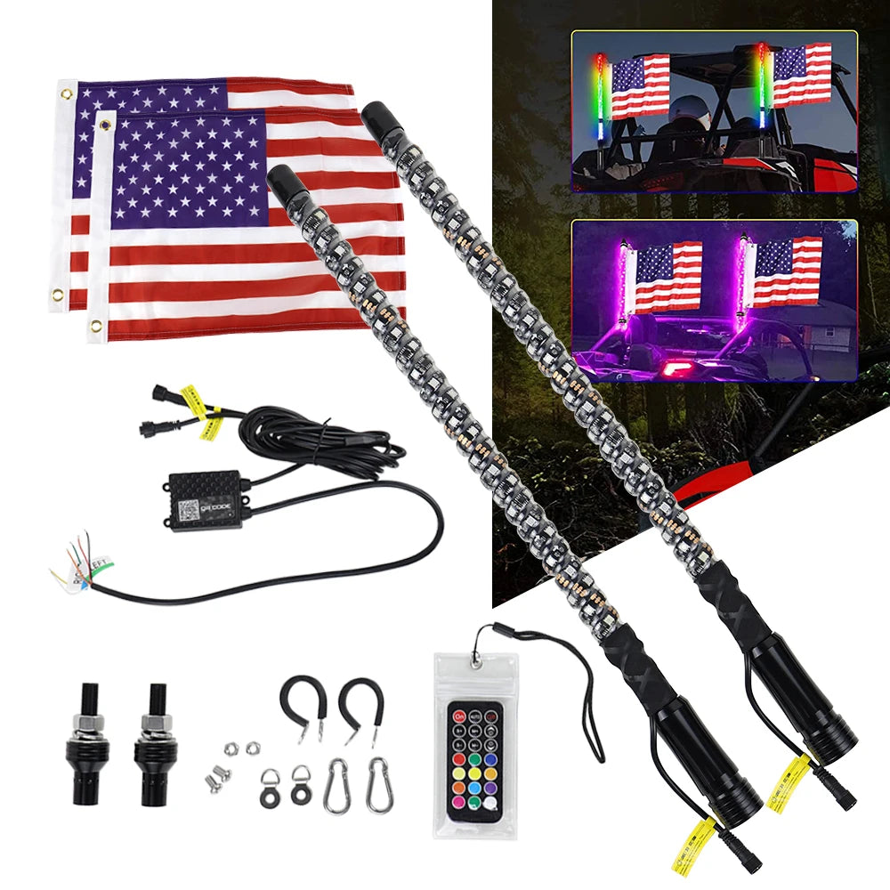 2ft RGB LED Whip Lights Flag Pole RF Remote Control / APP RGB Lamp for Jeep RZR ATV UTV  Offroad Boat Car Truck SUV