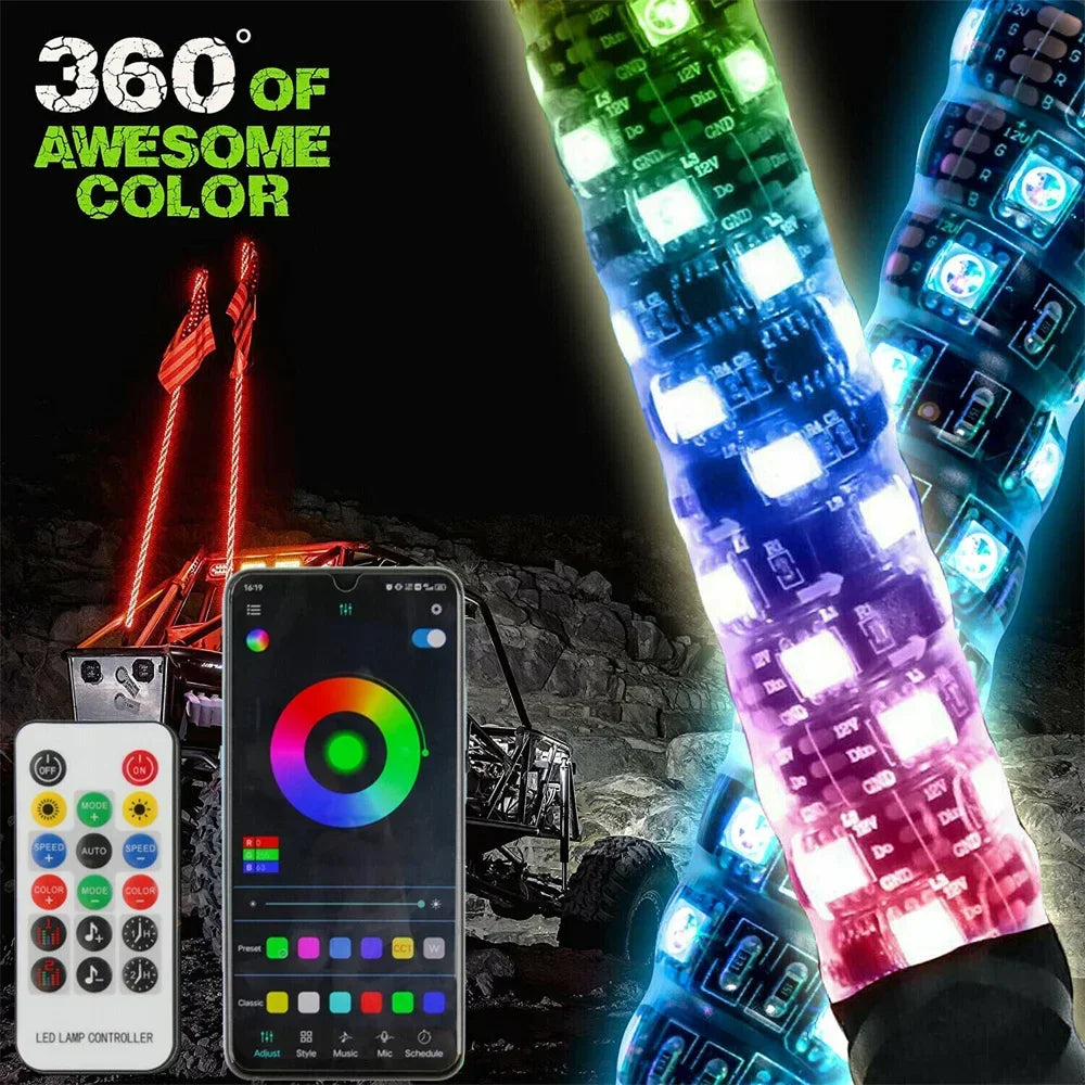 Car Motorcycle 2FT Led Whip Light Led  RGB Waterproof Bendable Remote APP Music Control LED Flagpole Lamp for SUV ATV UTV RZR
