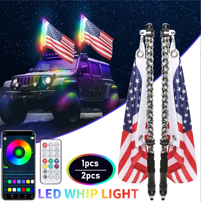 Car Motorcycle 2FT Led Whip Light Led  RGB Waterproof Bendable Remote APP Music Control LED Flagpole Lamp for SUV ATV UTV RZR
