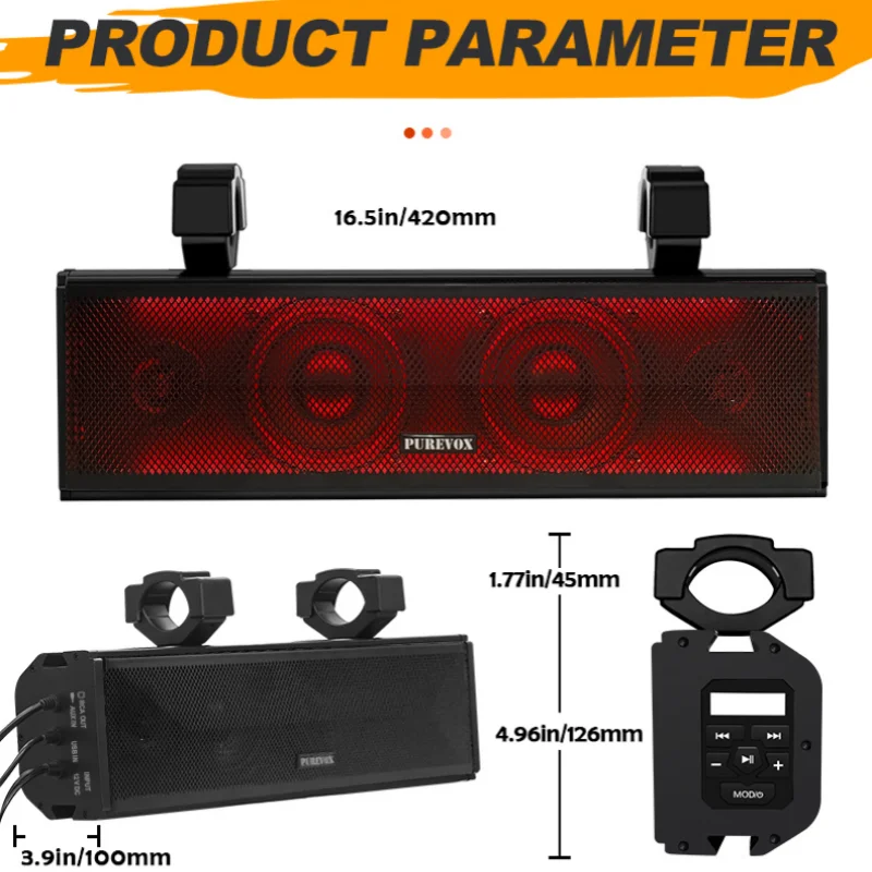 UTV/ATV 17" Bluetooth Sound Bar 4 Speaker Amplified Audio Waterproof with Multi-color Lighting for Golfcart Can Am