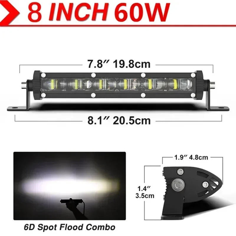 6D Ultra Strip LED Light Bar 8" 14" 20" inch Driving Fog Lamp Work Light 4x4 Led Bar for Motorcycle Car Offroad SUV ATV Tractor