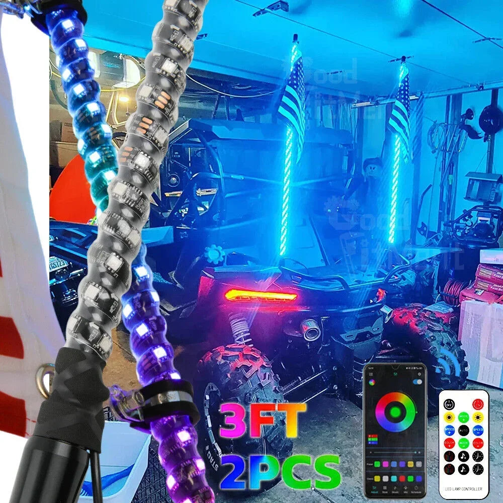 Car Motorcycle 2FT Led Whip Light Led  RGB Waterproof Bendable Remote APP Music Control LED Flagpole Lamp for SUV ATV UTV RZR