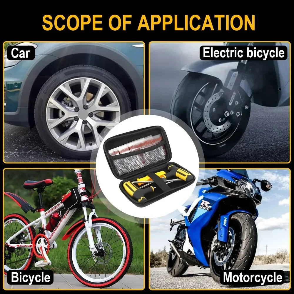 NEW Tubeless Tire Repair Kit - Emergency Puncture Tools w/Rubber T-Plugs for Car/Motorcycle On-Road Vacuum Seal