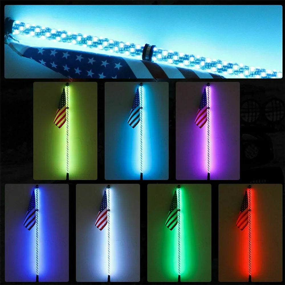 Car Motorcycle 2FT Led Whip Light Led  RGB Waterproof Bendable Remote APP Music Control LED Flagpole Lamp for SUV ATV UTV RZR