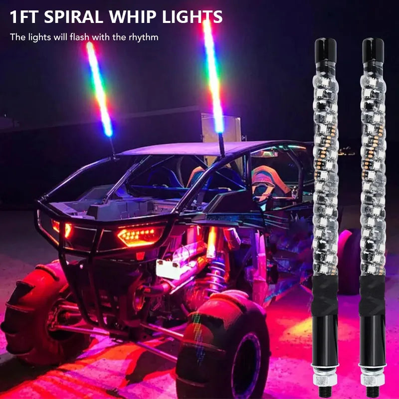 2PCS 1FT LED Whip Lights APP Remote Control Flagpole Antenna Whips LED Flagpole Lamp for UTV ATV Off-Road Truck RZR Car