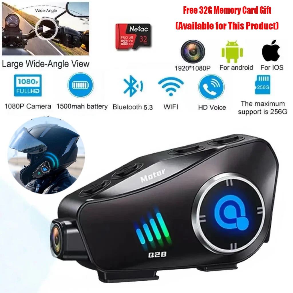 Motorcycle Bluetooth Helmet Headset Bt5.3 with Hd Driving Recorder Wireless Camera 1080P Hard Disk Video Recorder Call Headset