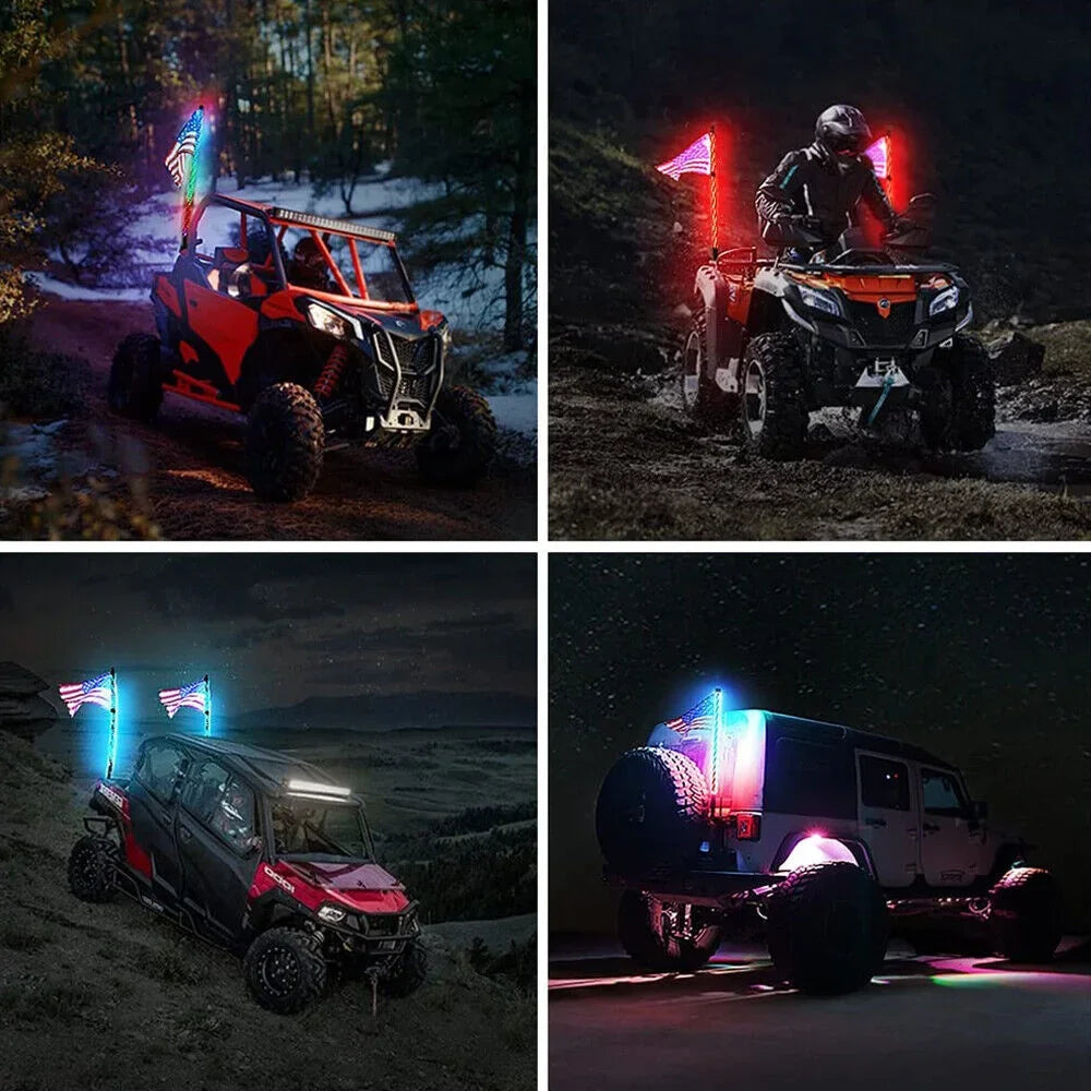 Car Motorcycle 2FT Led Whip Light Led  RGB Waterproof Bendable Remote APP Music Control LED Flagpole Lamp for SUV ATV UTV RZR