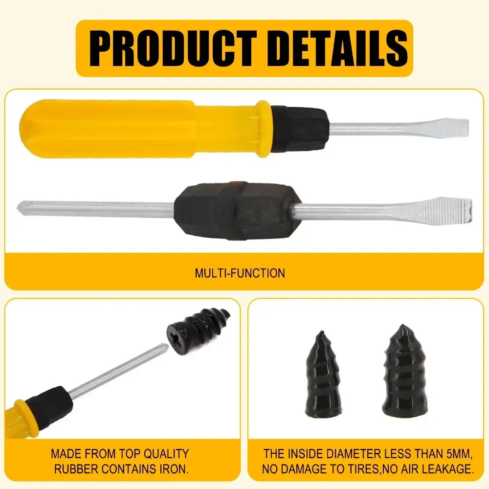 NEW Tubeless Tire Repair Kit - Emergency Puncture Tools w/Rubber T-Plugs for Car/Motorcycle On-Road Vacuum Seal