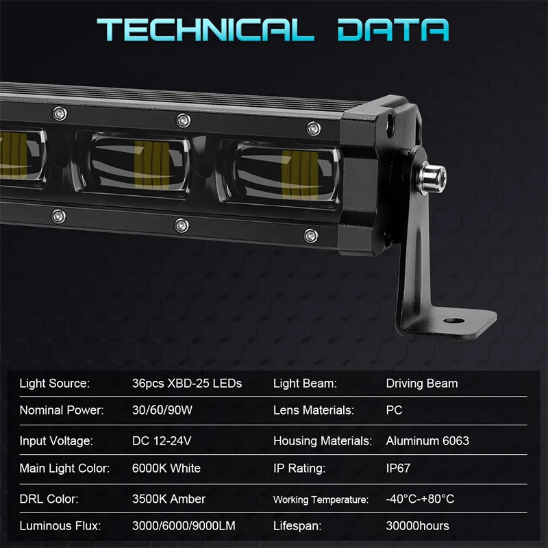 6D lens Slim LED Light Bar 8'' 14'' 20inch Truck work Light Amber DRL fog lamp off road accessories 4x4 for Jeep ATV 12V 24V