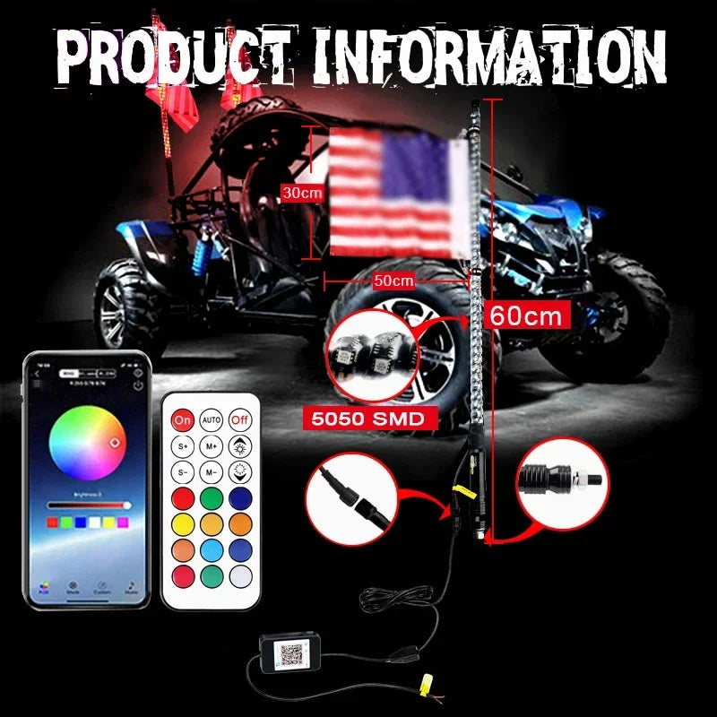 Car Motorcycle 2FT Led Whip Light Led  RGB Waterproof Bendable Remote APP Music Control LED Flagpole Lamp for SUV ATV UTV RZR