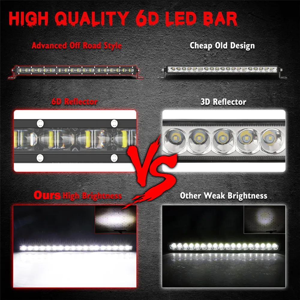 6D Ultra Strip LED Light Bar 8" 14" 20" inch Driving Fog Lamp Work Light 4x4 Led Bar for Motorcycle Car Offroad SUV ATV Tractor