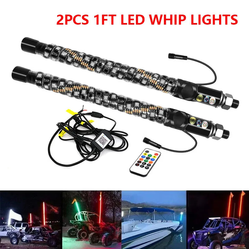 2PCS 1FT LED Whip Lights APP Remote Control Flagpole Antenna Whips LED Flagpole Lamp for UTV ATV Off-Road Truck RZR Car
