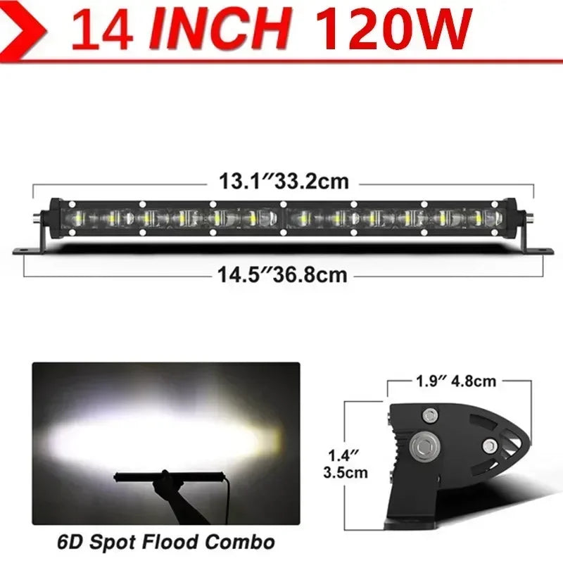 6D Ultra Strip LED Light Bar 8" 14" 20" inch Driving Fog Lamp Work Light 4x4 Led Bar for Motorcycle Car Offroad SUV ATV Tractor