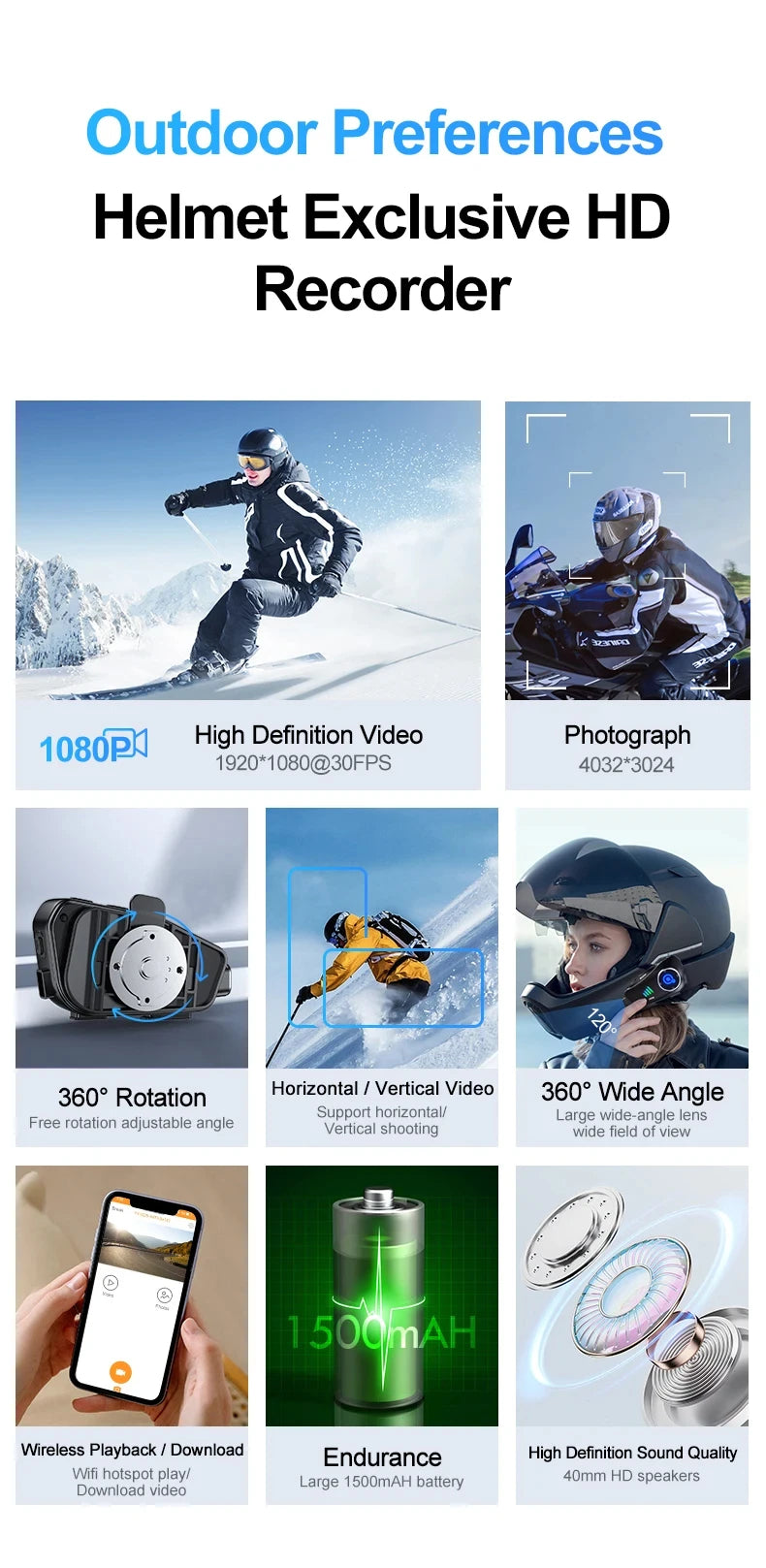 Motorcycle Bluetooth Helmet Headset Bt5.3 with Hd Driving Recorder Wireless Camera 1080P Hard Disk Video Recorder Call Headset