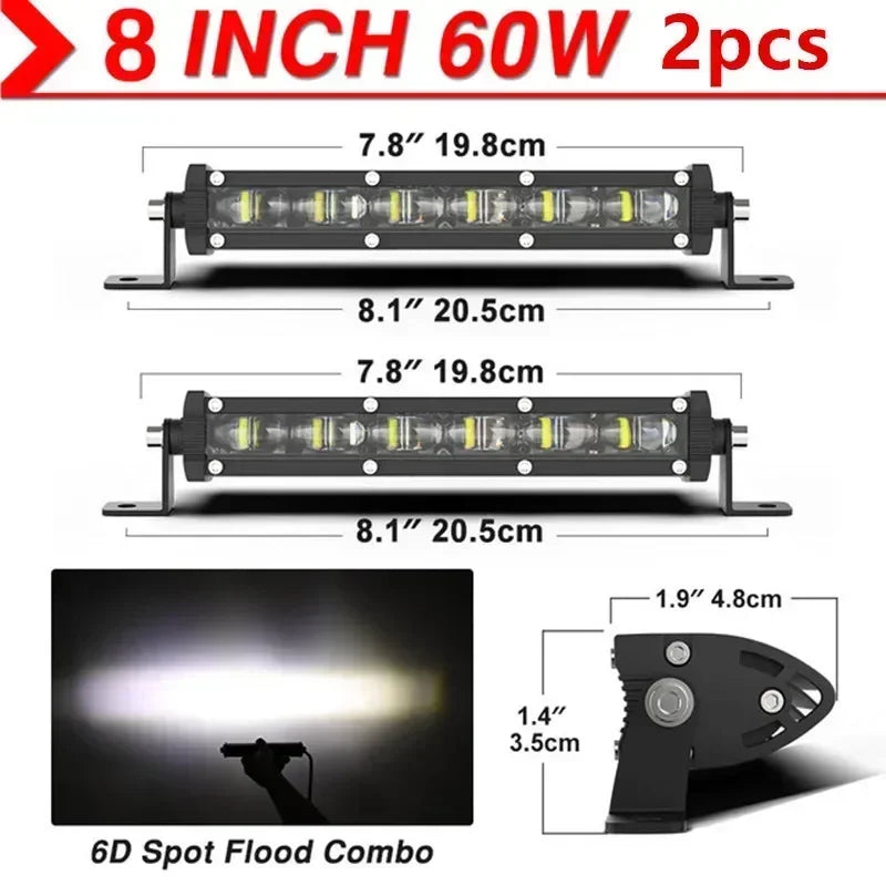 6D Ultra Strip LED Light Bar 8" 14" 20" inch Driving Fog Lamp Work Light 4x4 Led Bar for Motorcycle Car Offroad SUV ATV Tractor