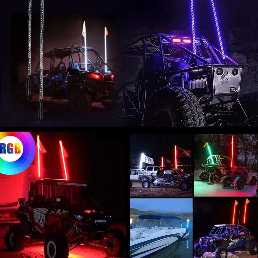 2ft RGB LED Whip Lights Flag Pole RF Remote Control / APP RGB Lamp for Jeep RZR ATV UTV  Offroad Boat Car Truck SUV