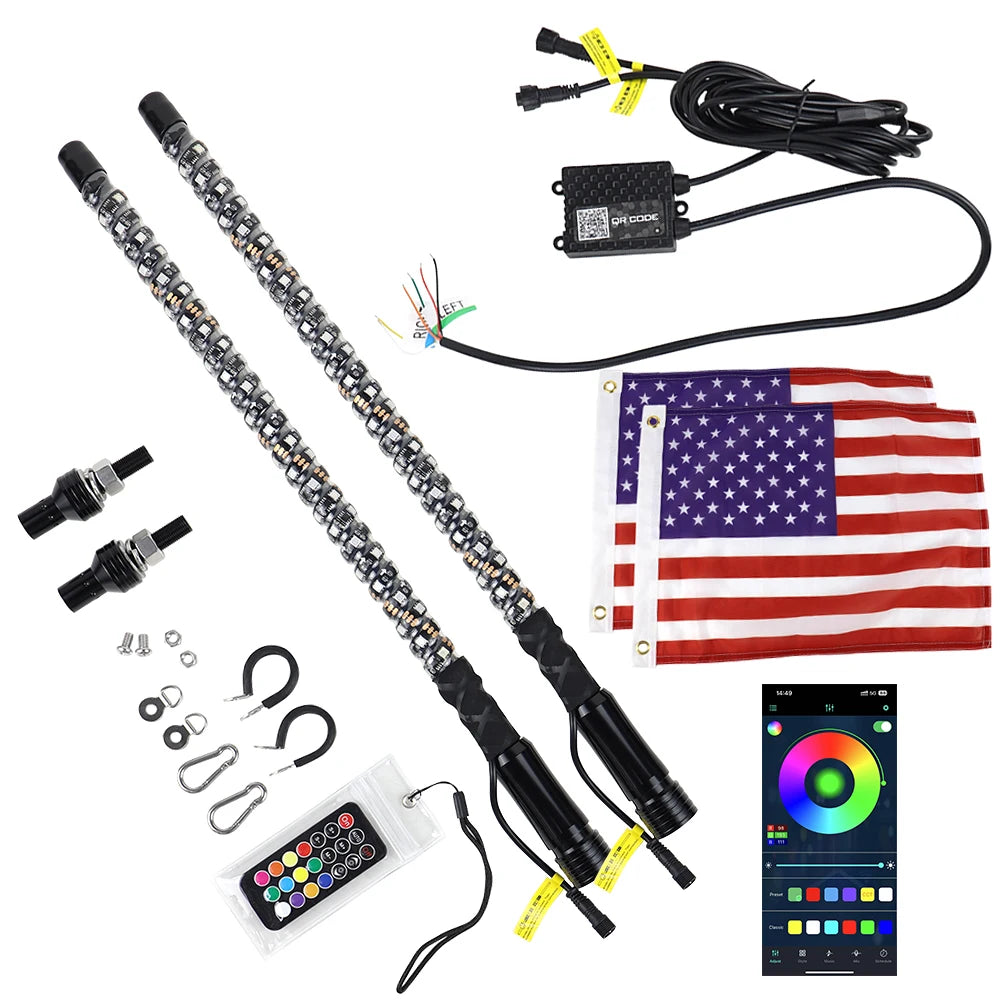 2ft RGB LED Whip Lights Flag Pole RF Remote Control / APP RGB Lamp for Jeep RZR ATV UTV  Offroad Boat Car Truck SUV