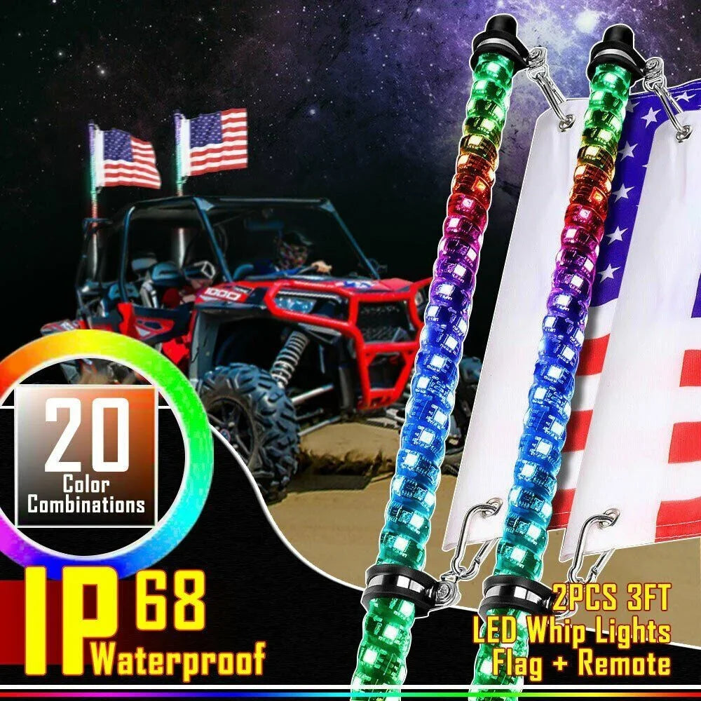 Car Motorcycle 2FT Led Whip Light Led  RGB Waterproof Bendable Remote APP Music Control LED Flagpole Lamp for SUV ATV UTV RZR