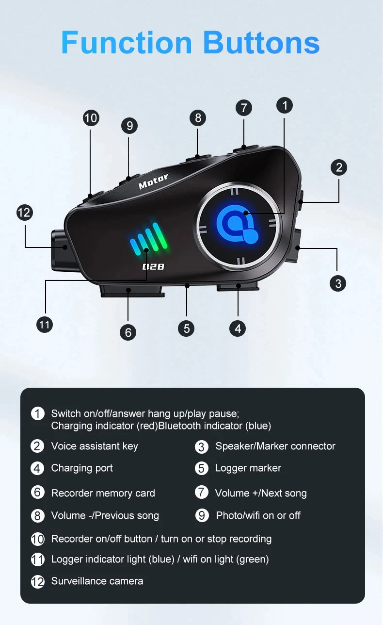 Motorcycle Bluetooth Helmet Headset Bt5.3 with Hd Driving Recorder Wireless Camera 1080P Hard Disk Video Recorder Call Headset