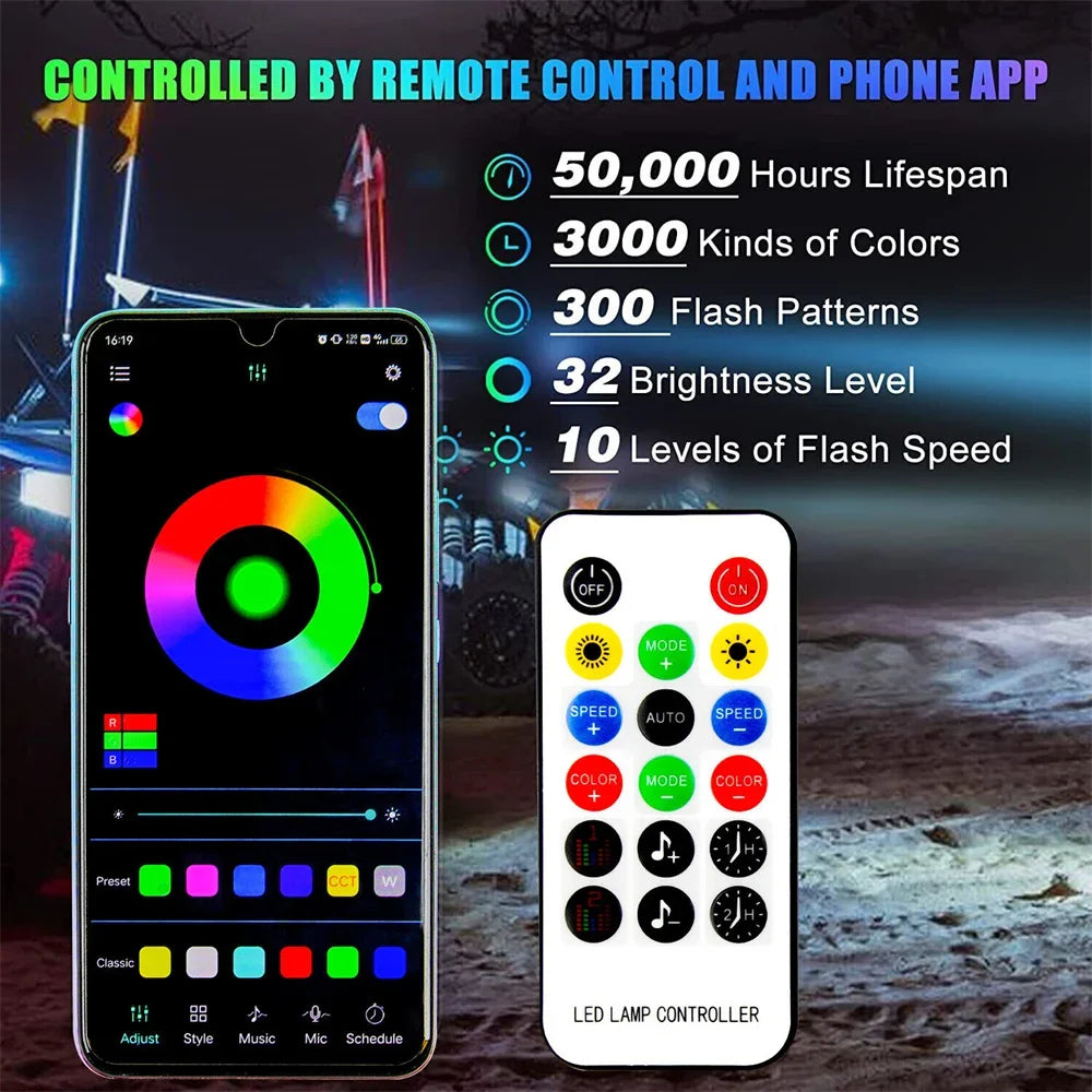 Car Motorcycle 2FT Led Whip Light Led  RGB Waterproof Bendable Remote APP Music Control LED Flagpole Lamp for SUV ATV UTV RZR