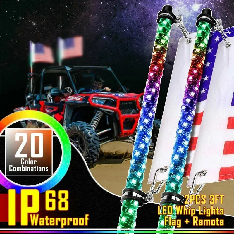 Car Motorcycle 2FT Led Whip Light Led  RGB Waterproof Bendable Remote APP Music Control LED Flagpole Lamp for SUV ATV UTV RZR