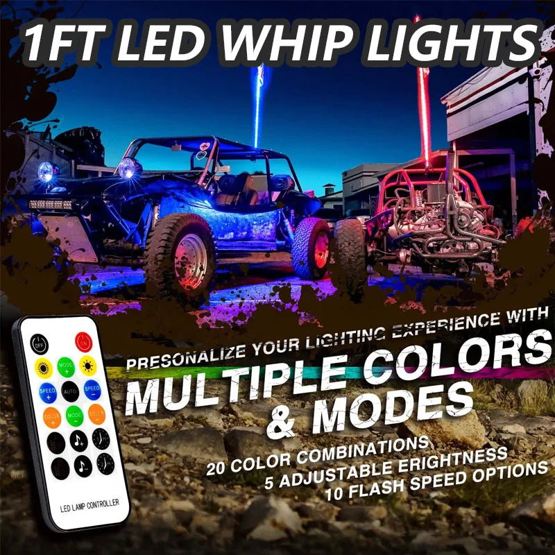 2PCS 1FT LED Whip Lights APP Remote Control Flagpole Antenna Whips LED Flagpole Lamp for UTV ATV Off-Road Truck RZR Car