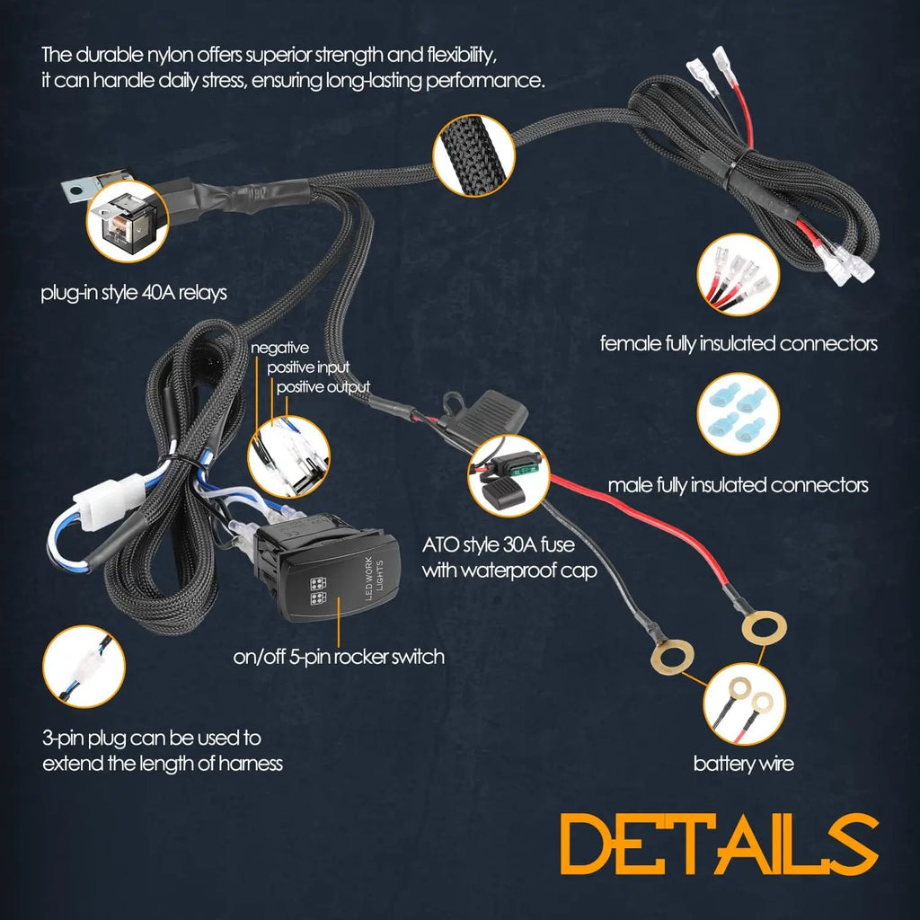 16.4FT / 14.8FT / 5.5FT LED Light Bar Wiring Harness Kit Universal LED Wiring Harness 12V 40A Relay On Off Switch Wiring Harnes