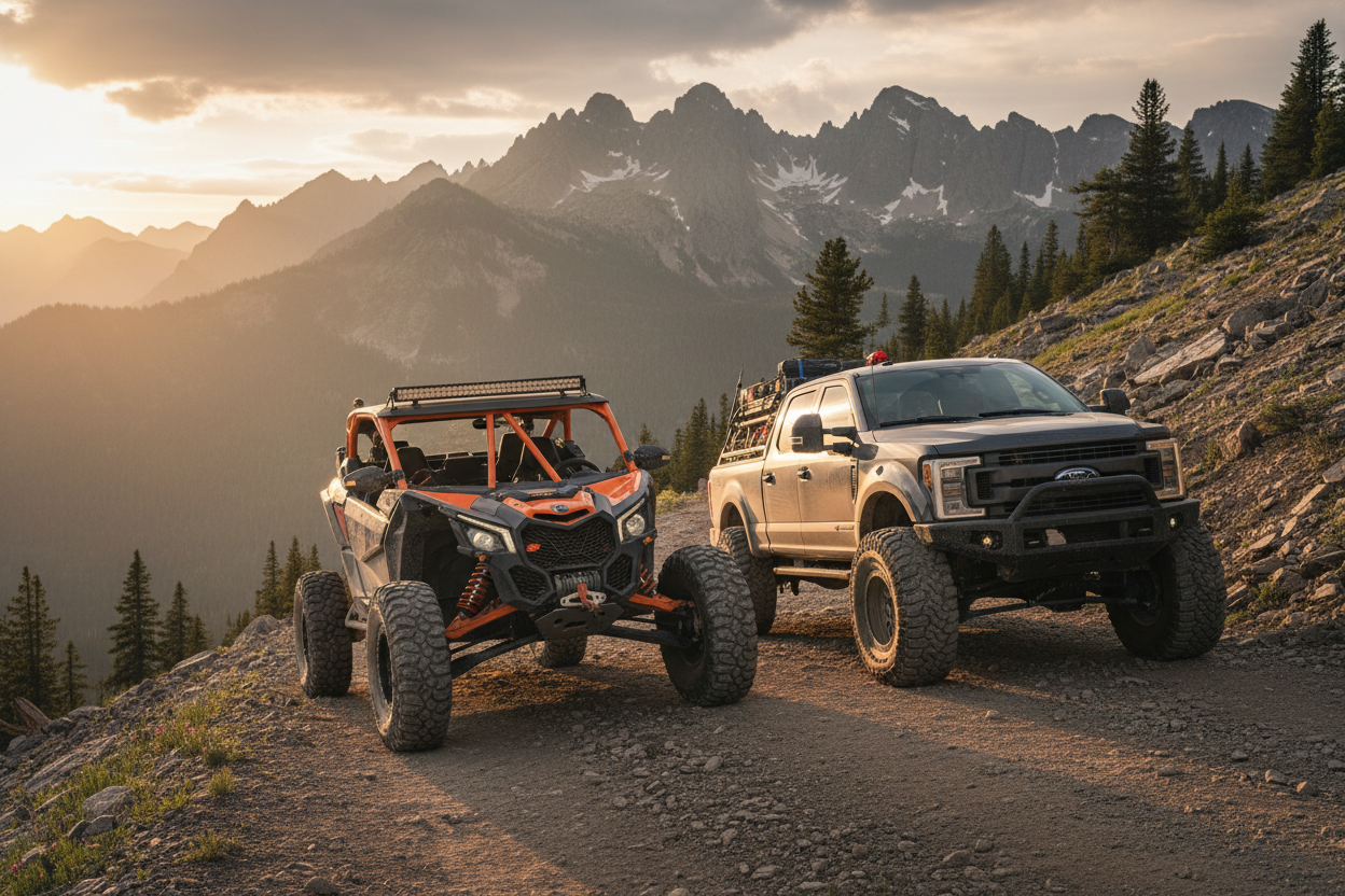 Lifted Side by Side and Pickup in Mountains